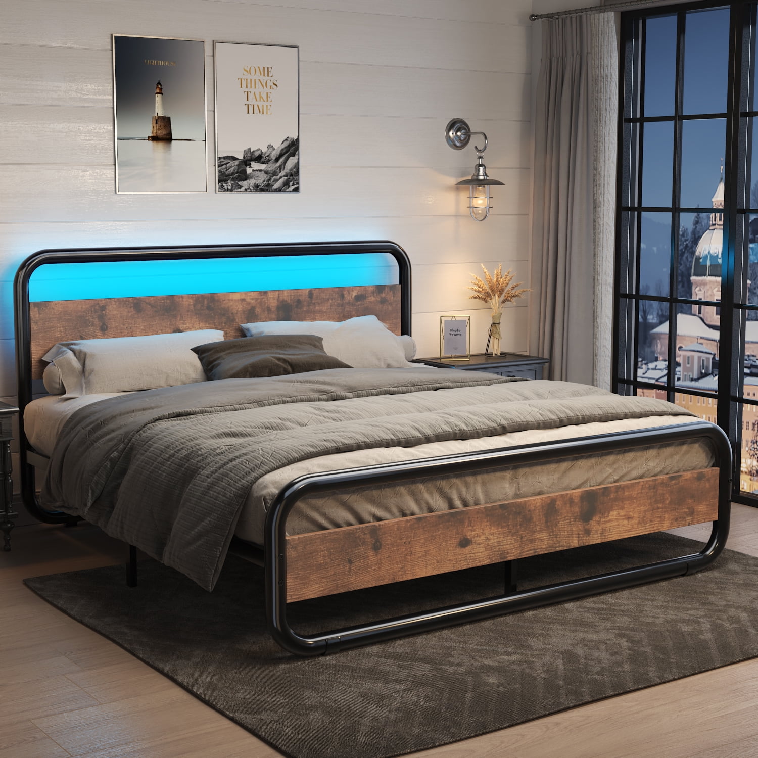 Rustic king headboard with lights deals