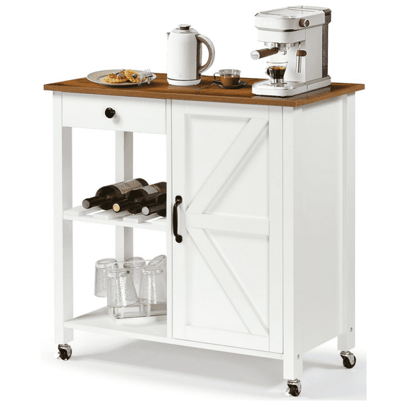 Catrimown Kitchen Cart on Wheels, Farmhouse Rolling  Kitchen Cart , Microwave Cart, Coffee Cart Station, White