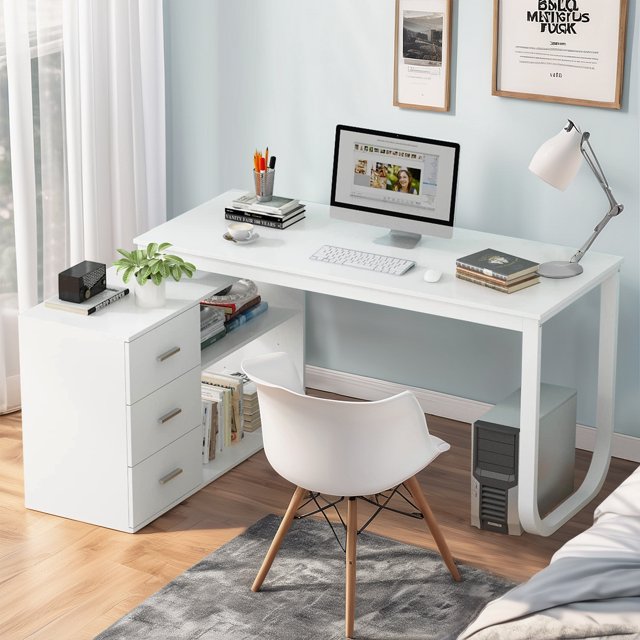 Catrimown LShaped Desk with Drawers and Storage, 55" White Desk with