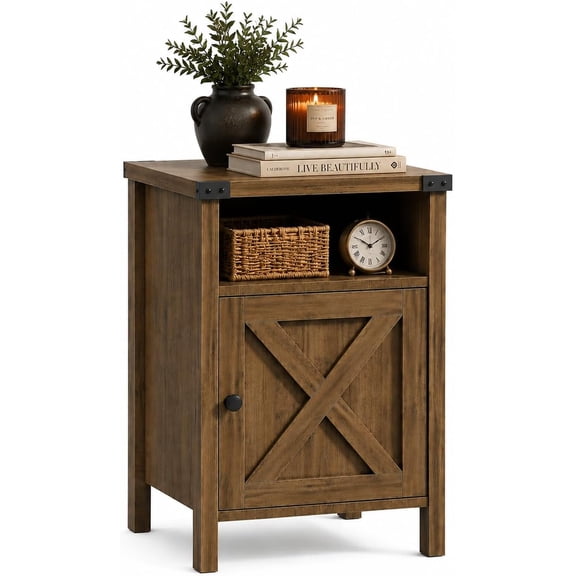 Catrimown Oak Farmhouse Nightstand, Bedside End Table with Barn Door & Storage Shelf, Rustic Side Table for Bedroom Living Room