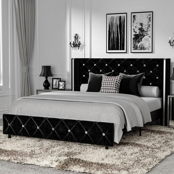 Catrimown Queen Size Bed Frame, Upholstered Platform Bed Frame with Wingback Diamond Tufted Headboard, Black