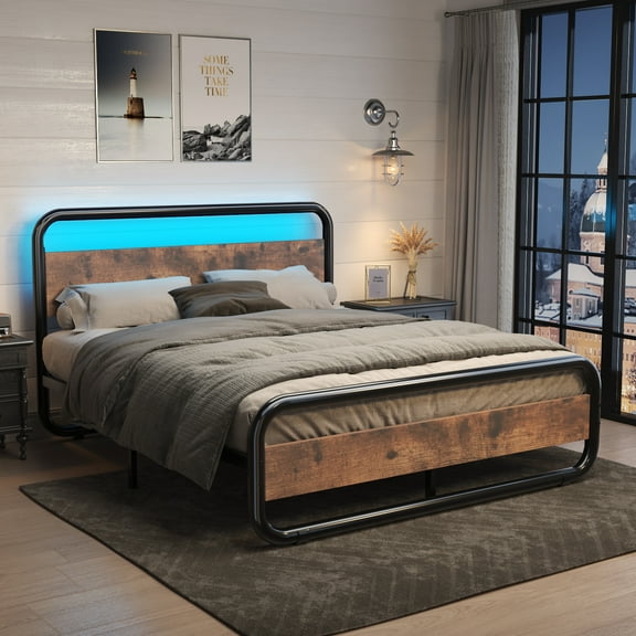 Catrimown Queen Size Bed Frame with LED Light Headboard, Metal Platform Bed with Wooden Headboard, Rustic Brown