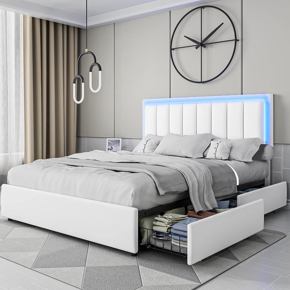 Catrimown Queen Size Bed Frame with LED Light Headboard, Upholstered Platform Bed Frame with Storage Drawers, No Box Spring Needed, White