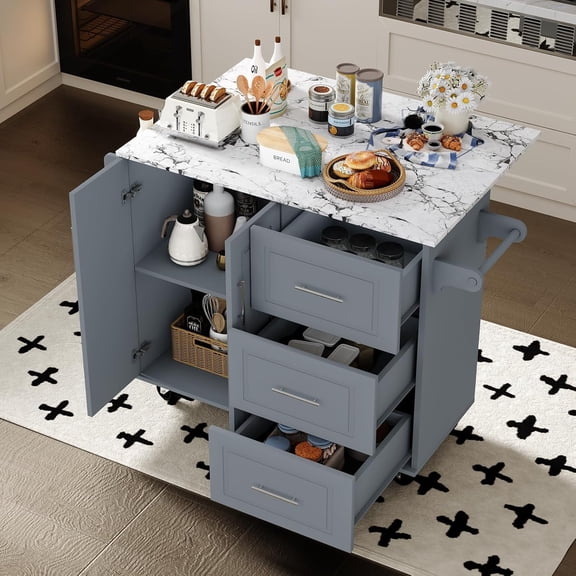 Catrimown Rolling Kitchen Island with Drop Leaf & Marble Countertop, 43.3'' Kitchen Cart with Spice Rack, Towel Rack & Drawer, Mobile Storage Island Table for Kitchen, Grey