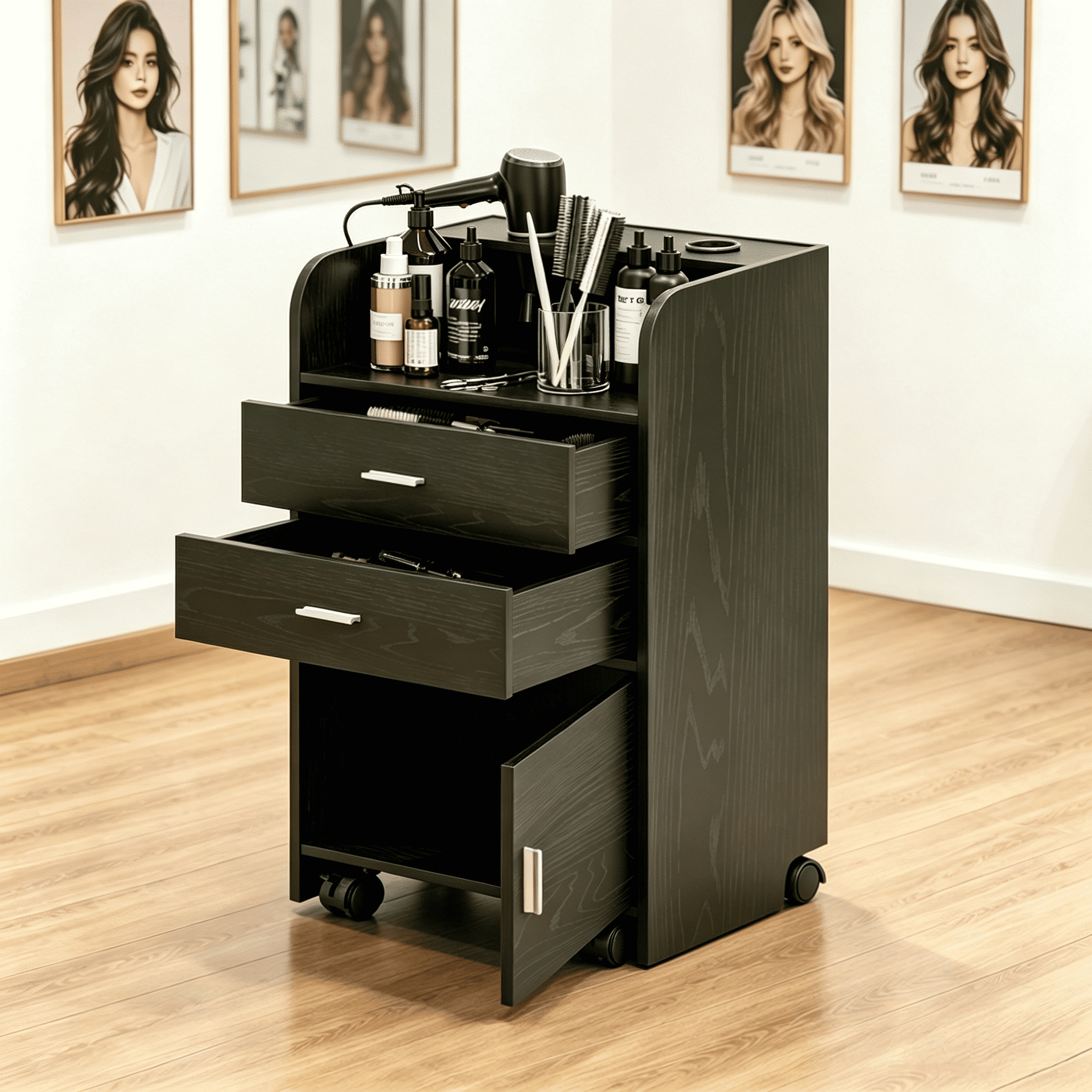 Catrimown Salon Station, Storage Cabinet with 2 Drawers & Large Cabinet, Black