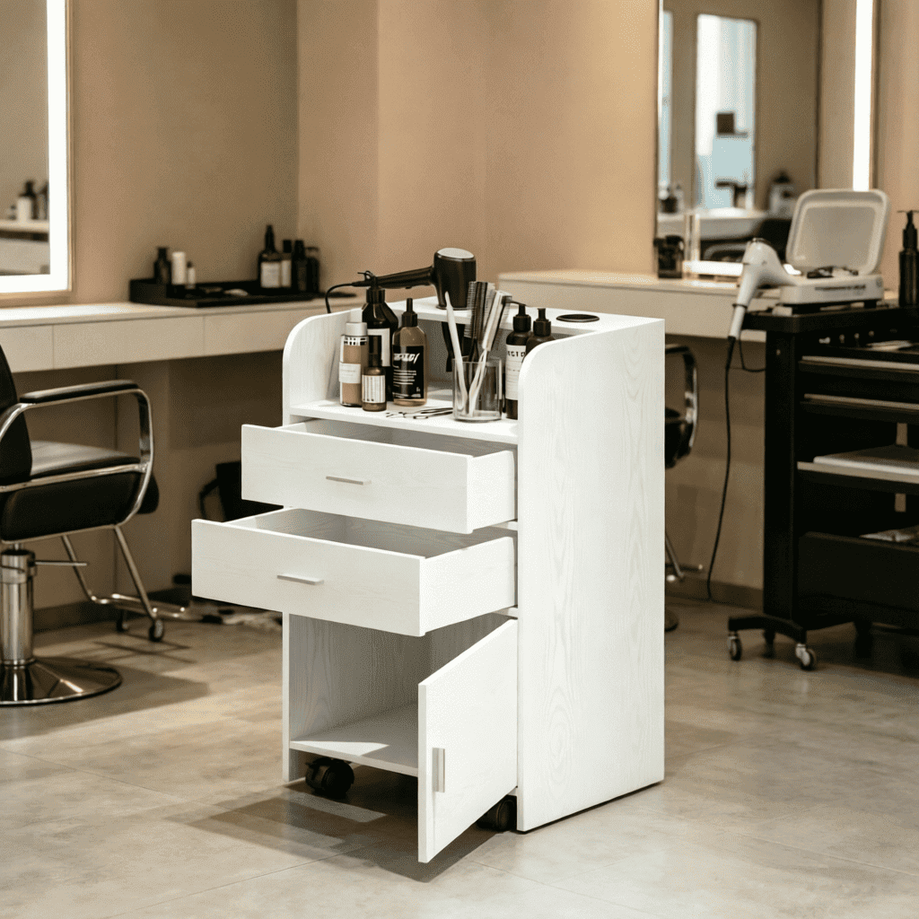 Catrimown Salon Station, Storage Cabinet with 2 Drawers & Large Cabinet, White
