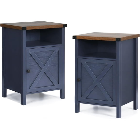 Catrimown Set of 2 Farmhouse Nightstands with Barn Door & Storage Shelf, Rustic Side End Table, Multifunctional Bedside Cabinet for Bedroom and Living Room, Navy Blue