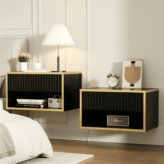 Catrimown Set of 2 Black & Gold Floating Nightstands, Wall Mounted Bedside Table with Drawer & Open Shelf for Bedroom