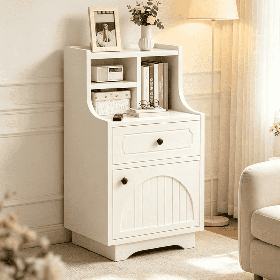Catrimown White Farmhouse Nightstands, 30 Inch Tall Bedside End Table with Hutch Storage
