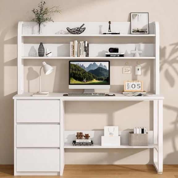 Catrimown White Desk with Hutch, 55 Inch Modern Computer Desk with 3 Drawers & Storage Shelves, Study Writing Desk with Adjustable Feet, Space Saving Workstation for Bedroom & Small Home Spaces