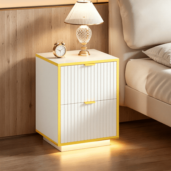 Catrimown White & Gold Nightstand, Bedside End Table with LED Lights & Drawers for Bedroom