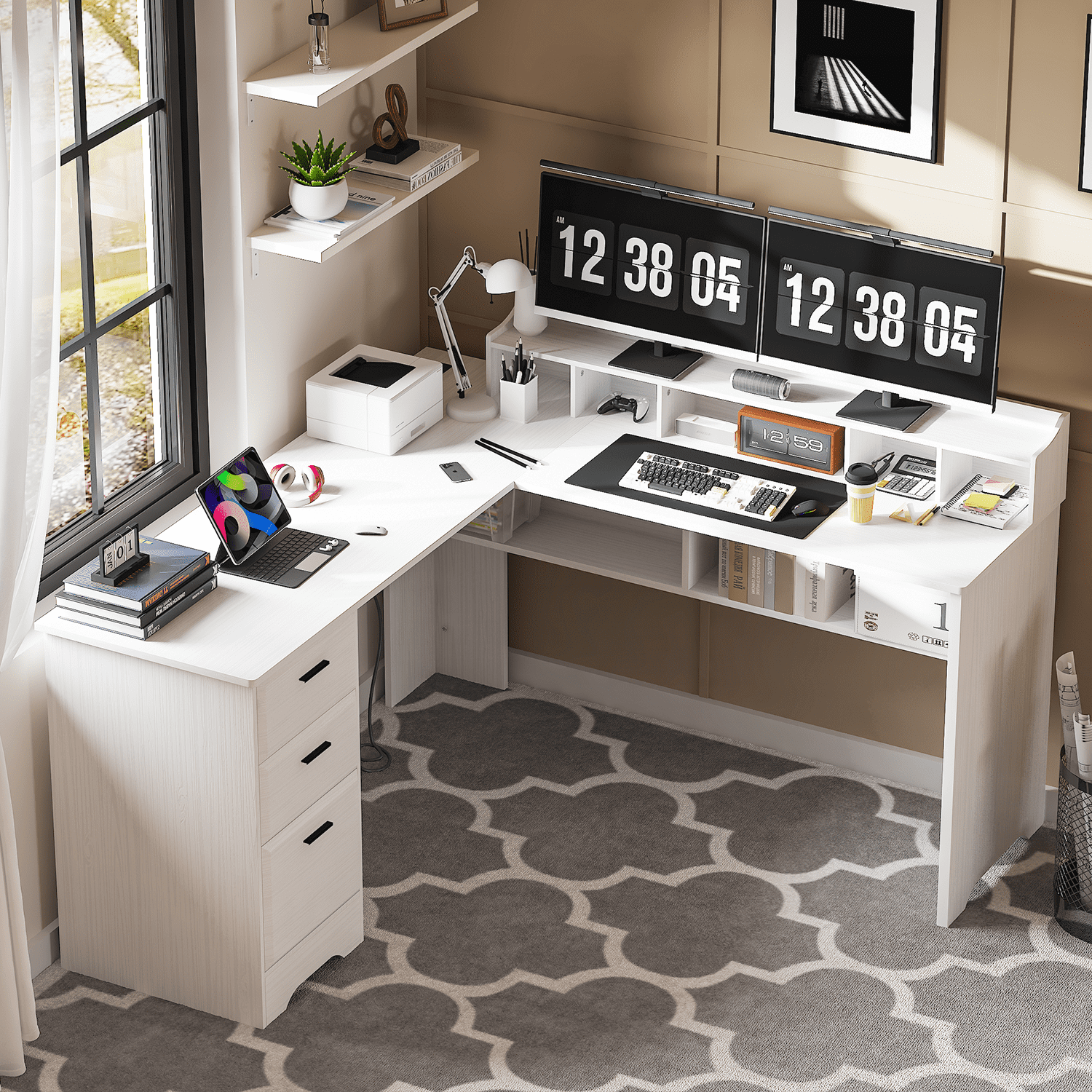 Catrimown White L Shaped Desk with Drawers, 60 Inch Corner Computer Desk with Power Outlet and USB Ports, Wooden Home Office Desk with File Cabinets, White