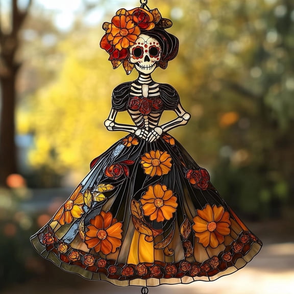 Catrina Skeleton Acrylic Suncatcher  Dia De Los Muertos Faux Stained Glass Window Hanging With Marigolds, Mexican Folk Art Gift