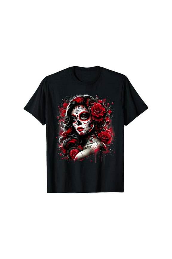 Casual Catrina Sugar Skull Graphic Tee T Shirt Top Day Of The Dead Floral Design Vibrant Print Short Sleeve Black S-5XL