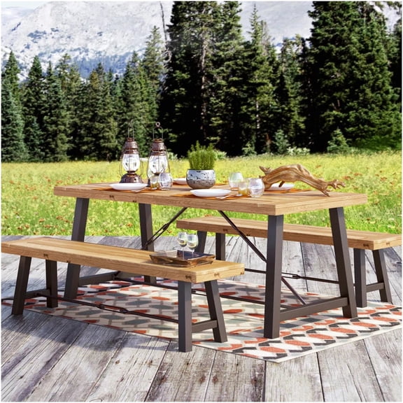 Catriona Teak Acacia Wood 3-Piece Outdoor Dining Set with Metal Frame, Patio Picnic Table and Benches for 4
