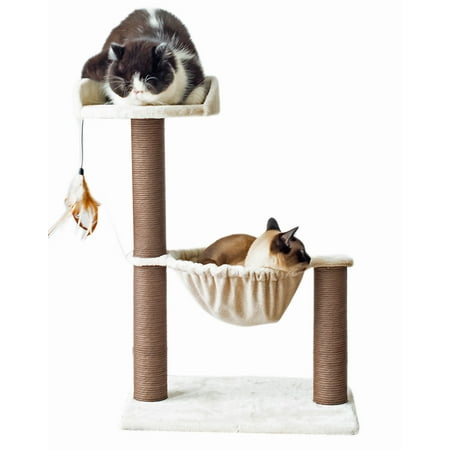 Catry 28" Beige 3-Level Cat Tree with Hammock Scratching Post Tower with Plush Perch Indoor Play House