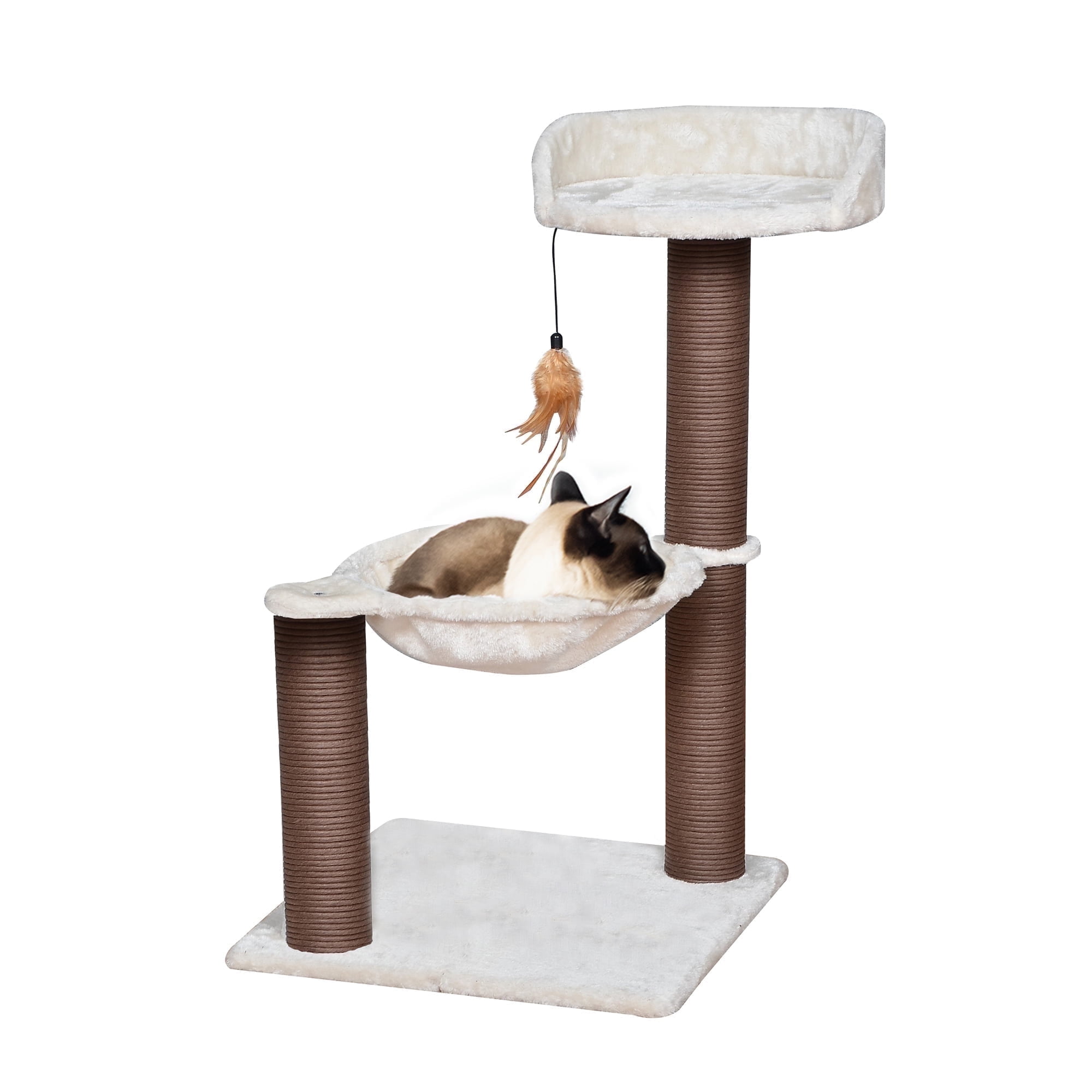 Catry 3-Level Cat Tree with Plush Perch, Hammock, Paper Rope Scratching Posts, Modern Design, Beige
