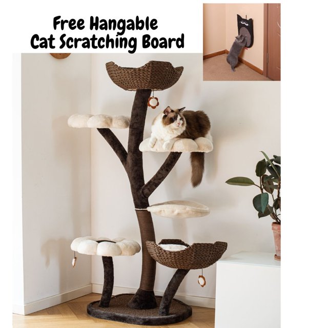 Catry 59" Natural Blossom Flower Woven Tree Branches Large Cat Tree 6Level Cat Tower w/ Hammock