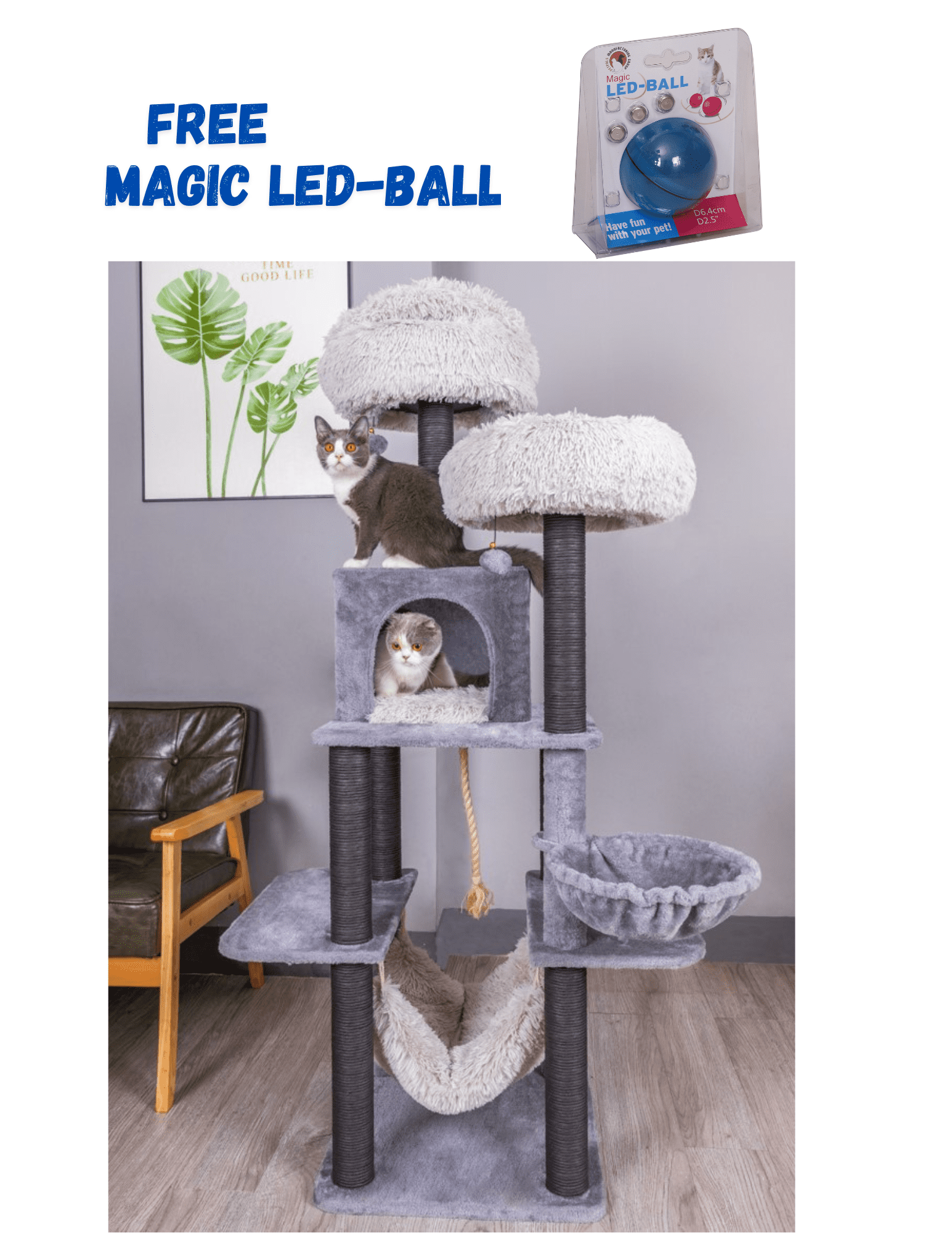 63'' Gray Faux Fur and Sisal 7-Level Cat Tree Tower