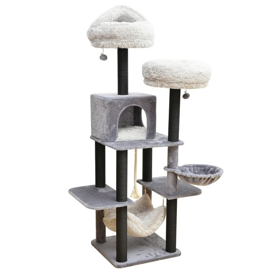 "Catry 63"" 7-Level Gray Cat Tree Tower for Large Cats with Hammock, Scratching Post, Plush Perches, LED Ball"