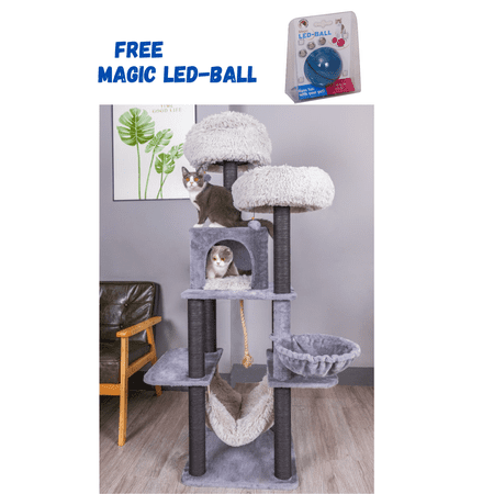 Catry 63 Inch 7-Level Gray Large Cat Tree with Double Hammocks Scratching Post Cat Tower with Cat Condo Shag Fur Perches Climbing Large Adult Cat Furniture with LED-Ball