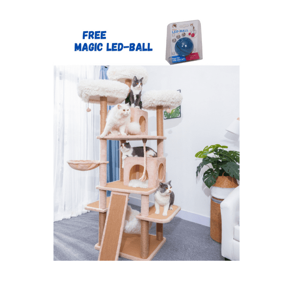 "Catry 74.5"" Beige 7-Level Cat Tree Tower for Big Adult Cats with Hammock Sisal Rope Scratching Post"