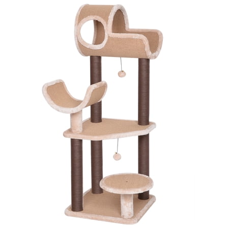 Catry Camel 5-Level Cat Tree with Carpeted Perches, Cat Play Tunnel, and Paper Rope Scratching Posts, Modern Design, Beige