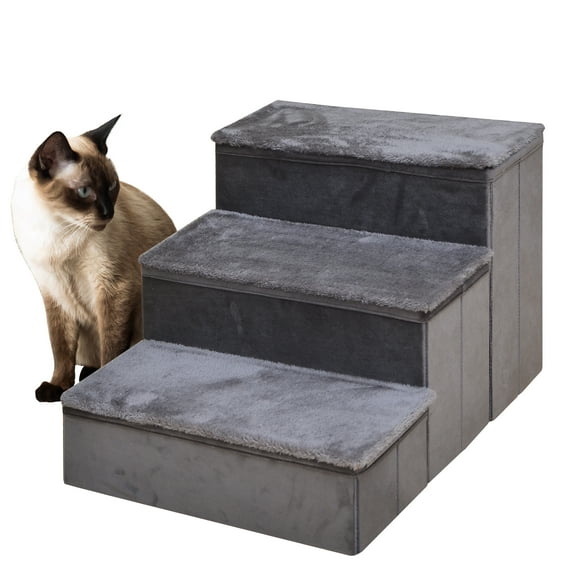 Catry Gray Pet Ramps Foldable 3-Step Staircase for Senior Pets, Plush and Extra Stable Design