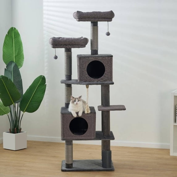 Catry Contemporary Cat Tree 67" Large Activity Cat Tower with Scratching Posts, 2 Condos, Removeable Top Beds, Grey