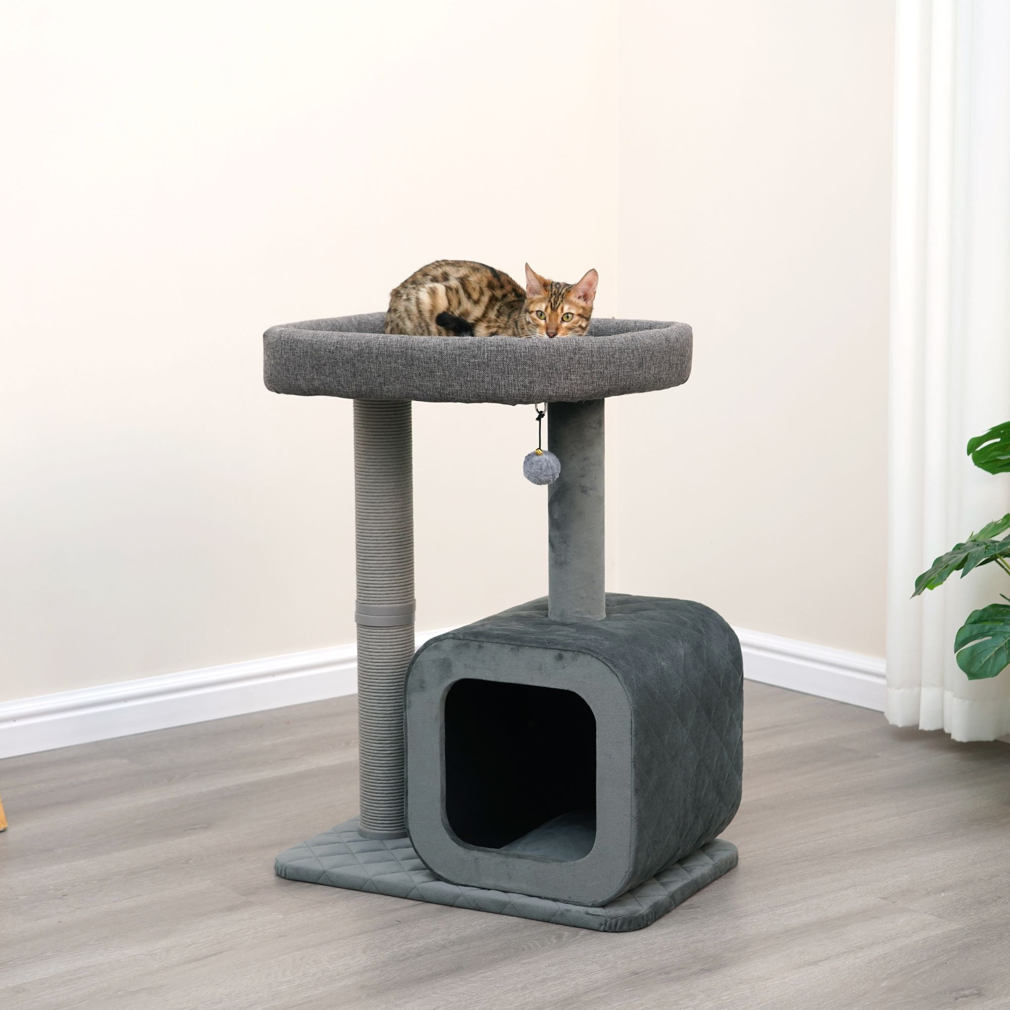 Gray Velvet 2-Level Cat Tree with Condo and Perch