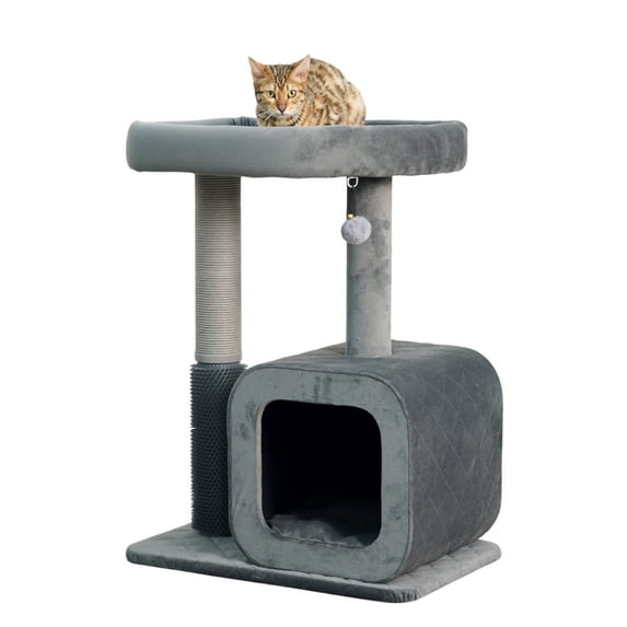 Catry Modern Medium Cat Tree with Large Base Condo, Top Bed, Scratching Post, Self Grooming Brush