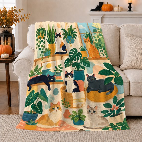 Cats Among Houseplants Collage Peaceful Art Style, Peaceful Pet Portrait Pattern, Warm Flannel Blanket for Living Room and Bedroom, Cat Lovers Valentine's Day Gift, Pet Lover Home Decor
