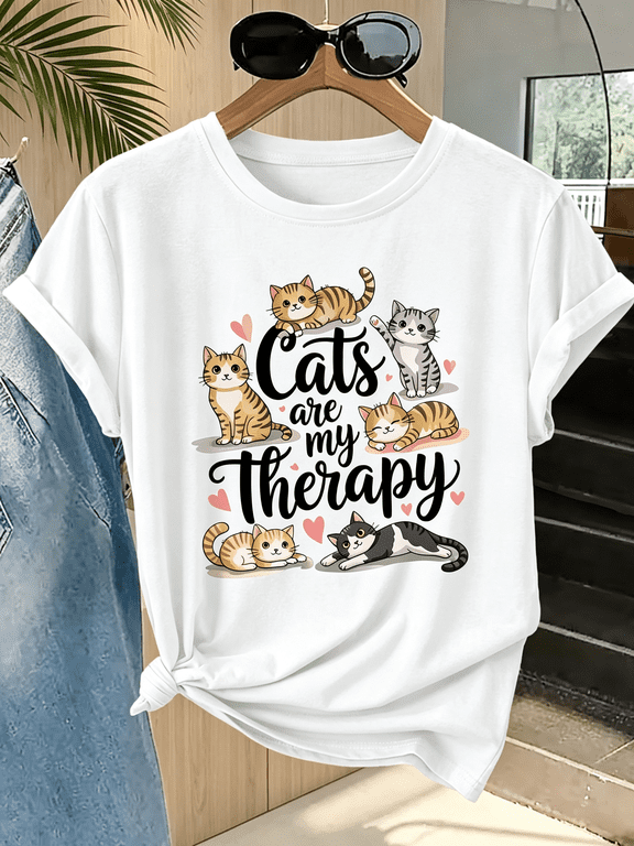 Cats Are My Therapy T-Shirt Women Cute Cat Lover Gift Tee