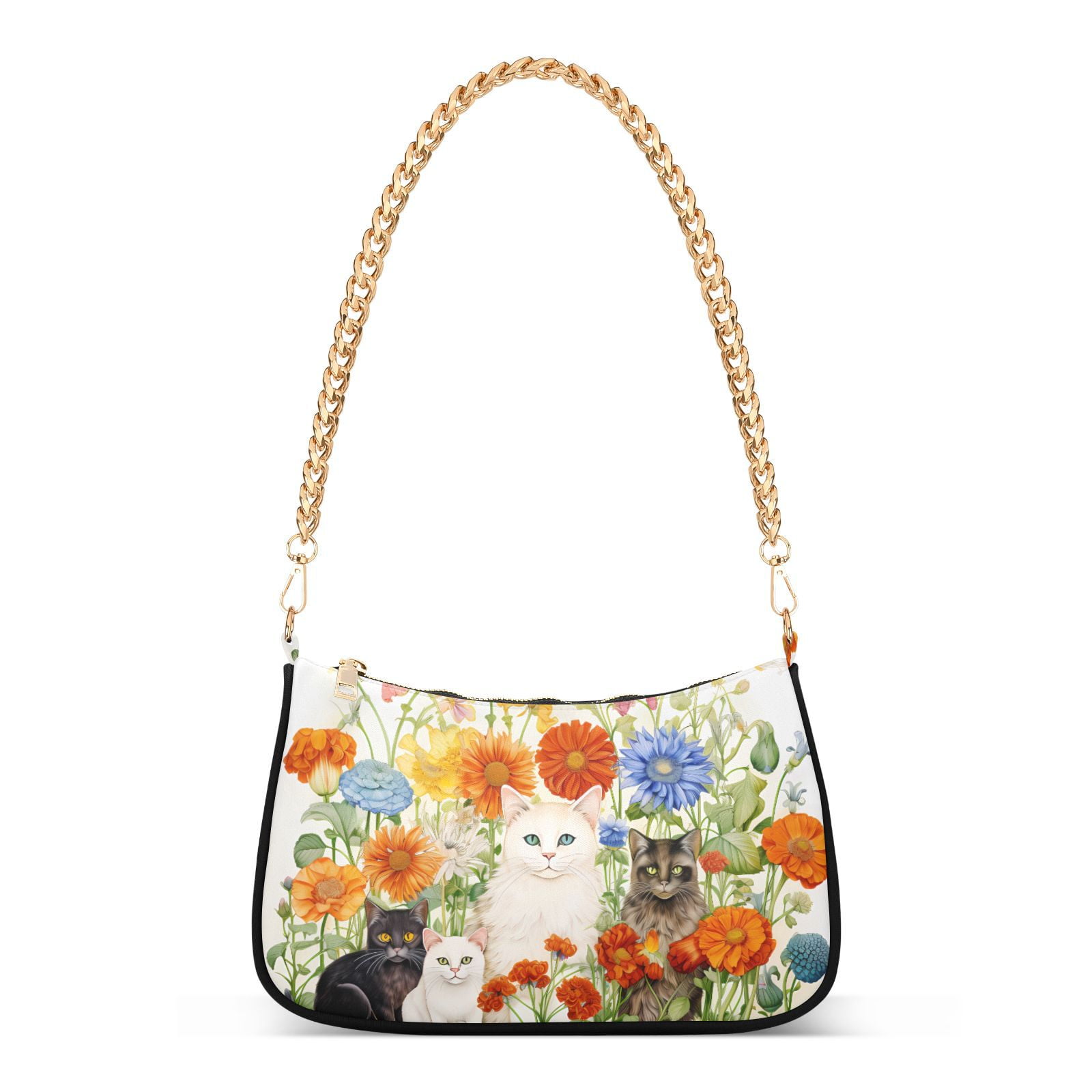 Cats Around Flowers LeavesWomen Small Shoulder Bag Crossbody Tote Hobo Bags Purse Clutch Handbags with Chain Strap for Women