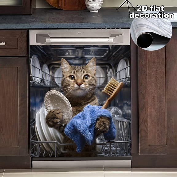 Cats Art Print Magnetic Dishwasher Door Cover, Easy to Clean Reusable Vinyl Magnetic Sticker, Scratch-Resistant Fits Dishwasher and Fridge, Size 23x25.59 Inches, Kitchen Decor, 1pc