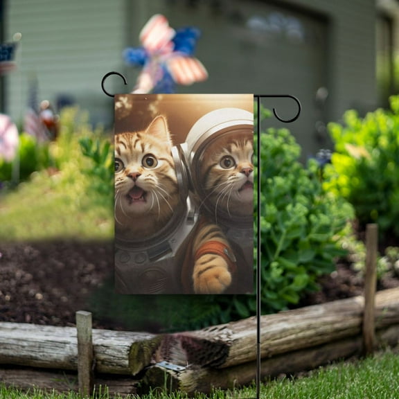 Cats Astronauts Orange Garden Flag Double Sided Outdoor Banners for Courtyard Outdoor Lawn Farmhouse Holiday Decorations