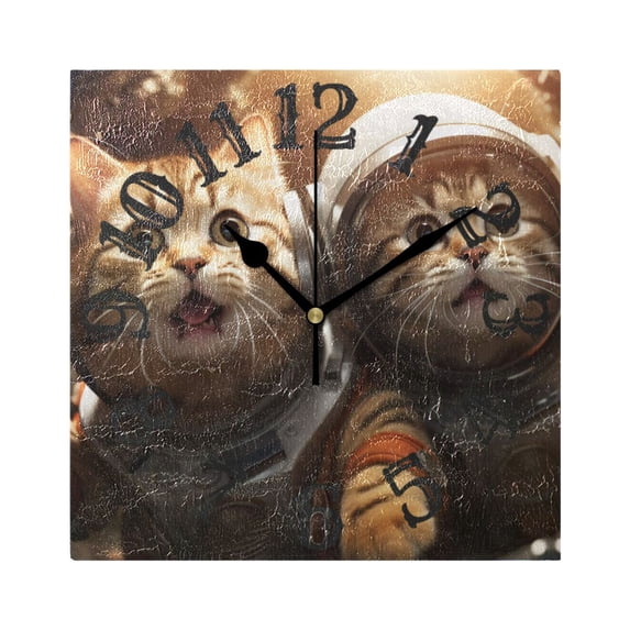 Cats Astronauts Orange Wall Clock Square Silent Non Ticking Battery Operated Clock for Home Bathroom Kitchen Bedroom Living Room