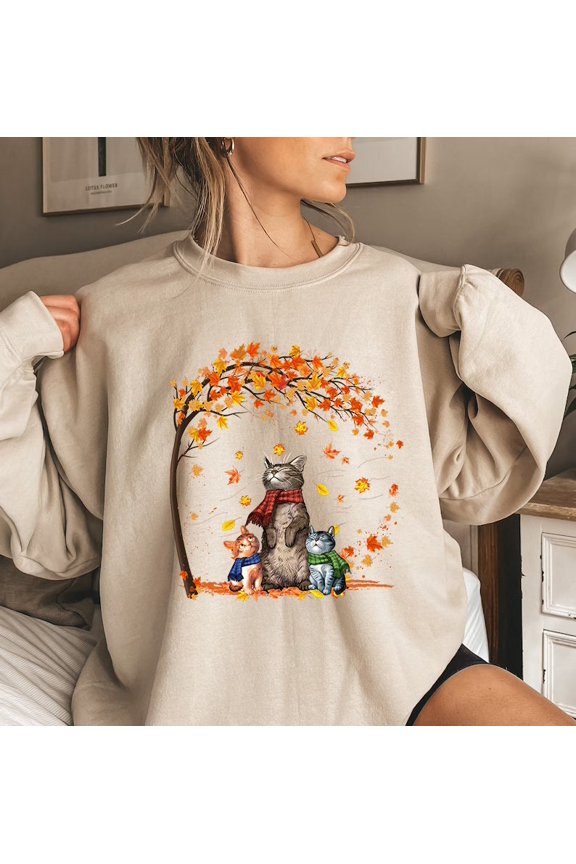 Cats Autumn Fall Shirt, Funny Thanksgiving Cat Lovers T-Shirt, Cat Fall Leaves Tree T-Shir