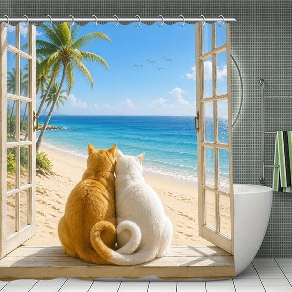 Cats Beach Window Ocean Print Shower Curtain,Modern Fabric Waterproof Shower Curtain Set with Hooks,70.8×70.8Inch