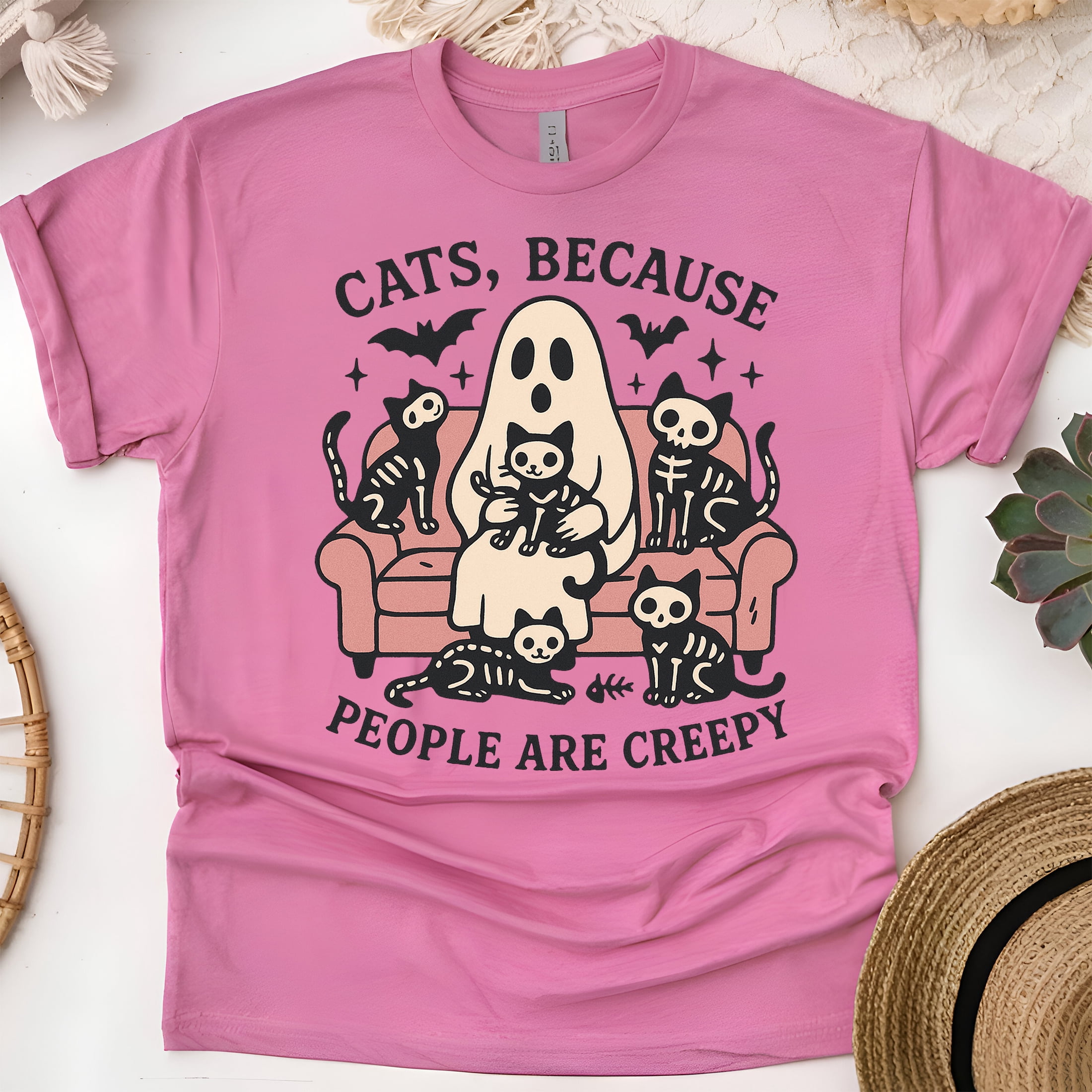 Cats Because People Are Creepy T-Shirt, Funny Ghost and Cat Graphic Tee ...