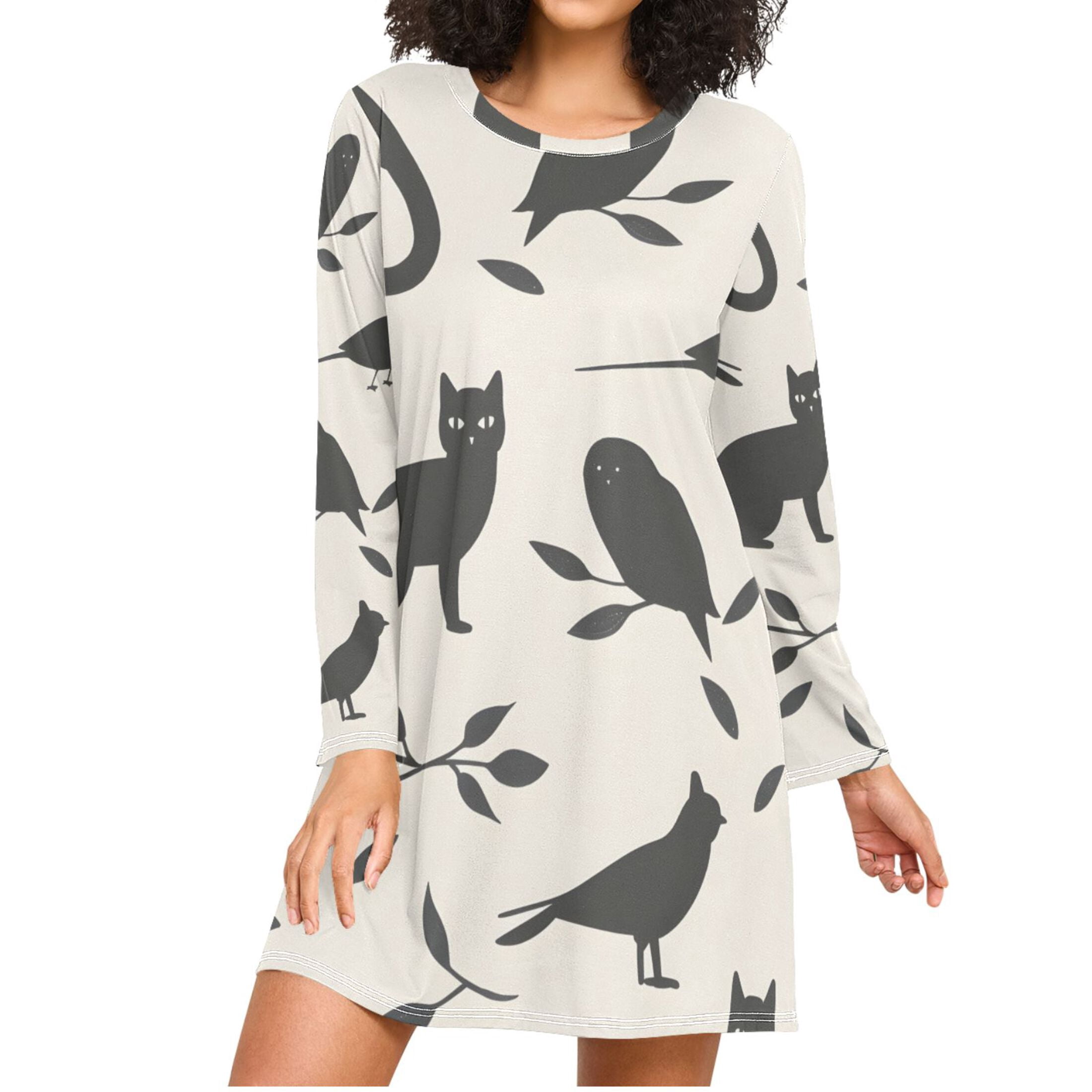 Cats Birds and Leaves Women's Long Sleeves Nightgowns Sleepwear Soft ...