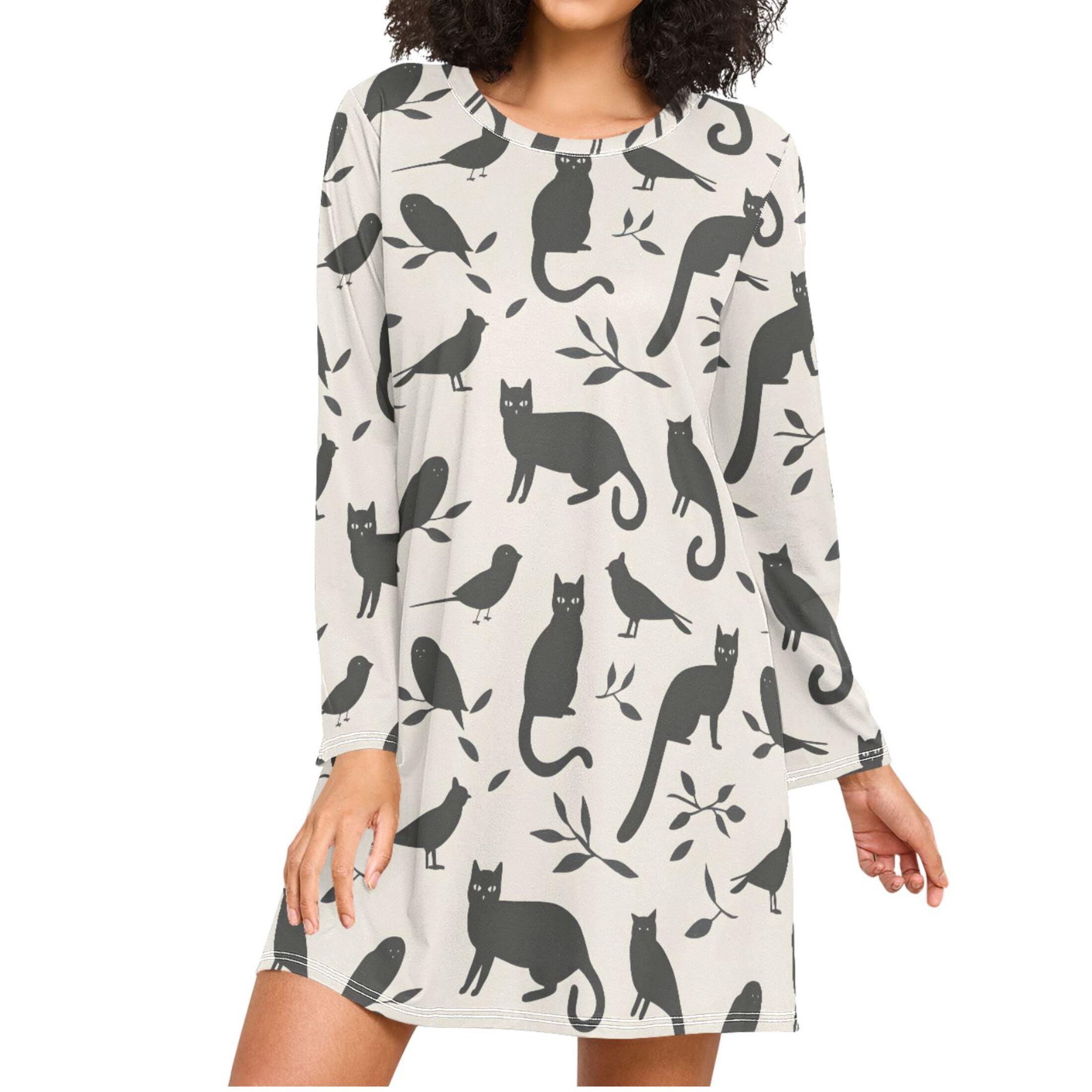 Cats Birds and Leaves Women's Long Sleeves Nightgowns Sleepwear Soft ...