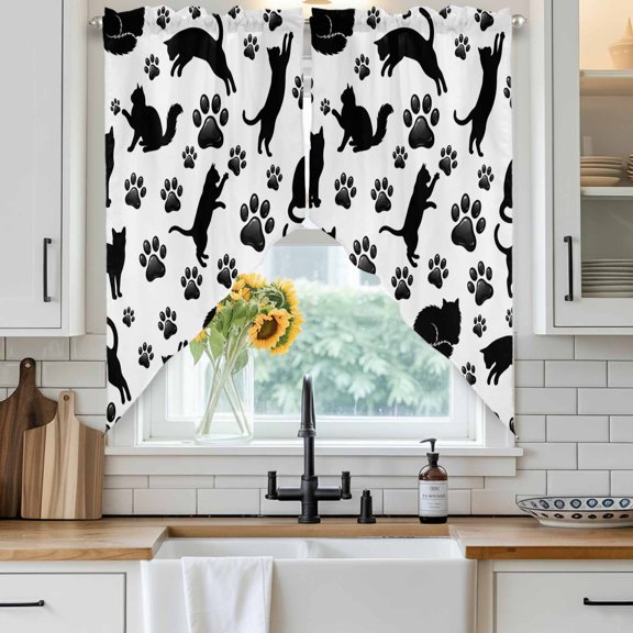 Cats Black Claws Swag Curtain Valance for Windows, White Background Abstract Animal Modern Window Treatments Short Swag Topper for Kitchen Windows Bathroom Bedroom, 28"x36"