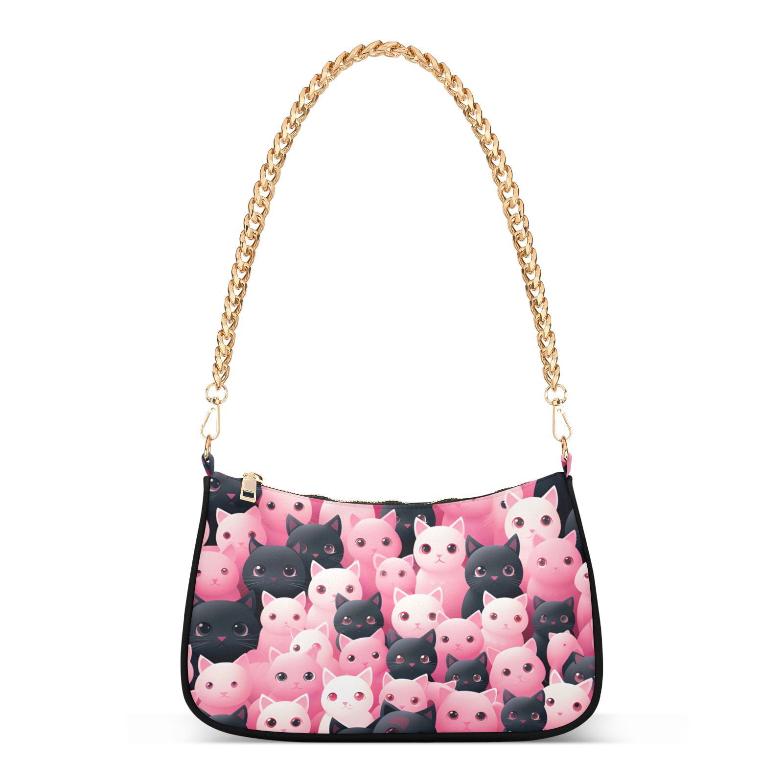 Cats Black Pink CartoonWomen Small Shoulder Bag Crossbody Tote Hobo Bags Purse Clutch Handbags with Chain Strap for Women