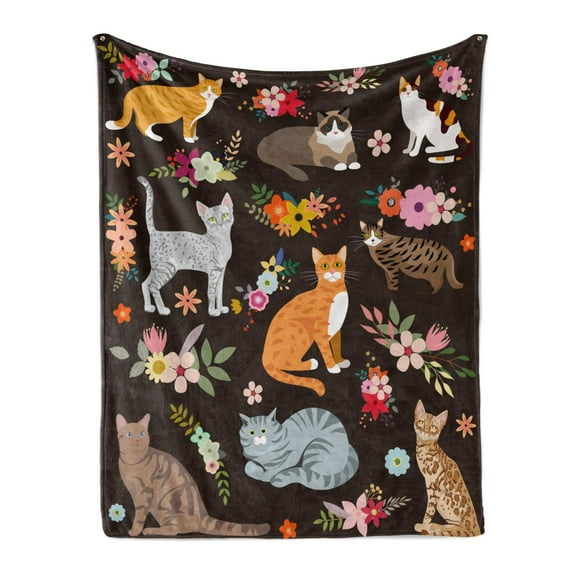 Cats Blanket Cat Gifts Soft Flannel Lightweight Cats and Flowers Throw Blanket for Kids Girls Boys All Season Cartoon Animals Blankets for Sofa Couch Bed Decorative Cat Blue Blanket(30"x40")