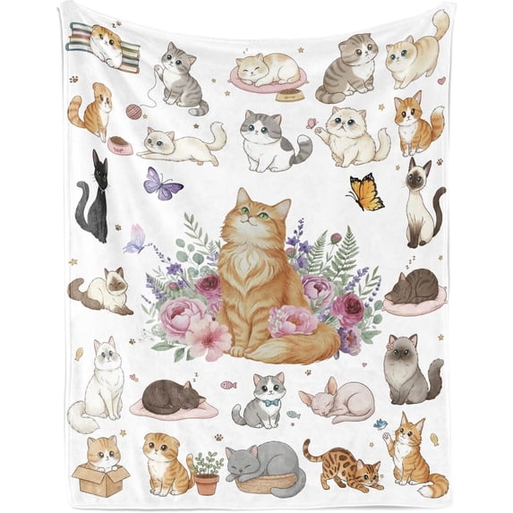 Cats Blanket Floral Flower Flannel Throw Blankets Cat Gifts for Boys Girls Kids Women Cat Lover, Cats Cartoon Animals Blankets for Sofa Couch Bed Decor (60"x80")