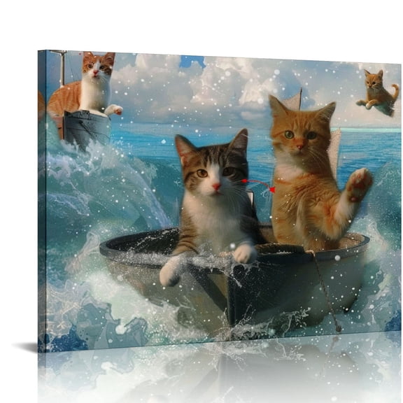 Cats Boat Splash Art Canvas Prints Wall Art Ready To Hang Room Home Decor Gift Idea 16x12in