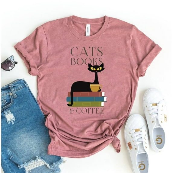 Cats Books And Coffee T-shirt Shirt Top Tee Women's Lover Gift Reading Tshirt Cat Mom
