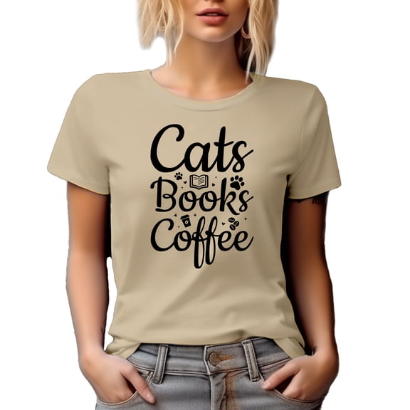 Cats, Books, Coffee, Cat Lover Book Reader, Tan T-Shirt, Large