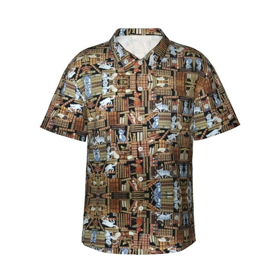 Cats Books Library Hawaiian Shirts For Men, Summer Short-Sleeve Relaxed-Fit Button-Down Shirts Small